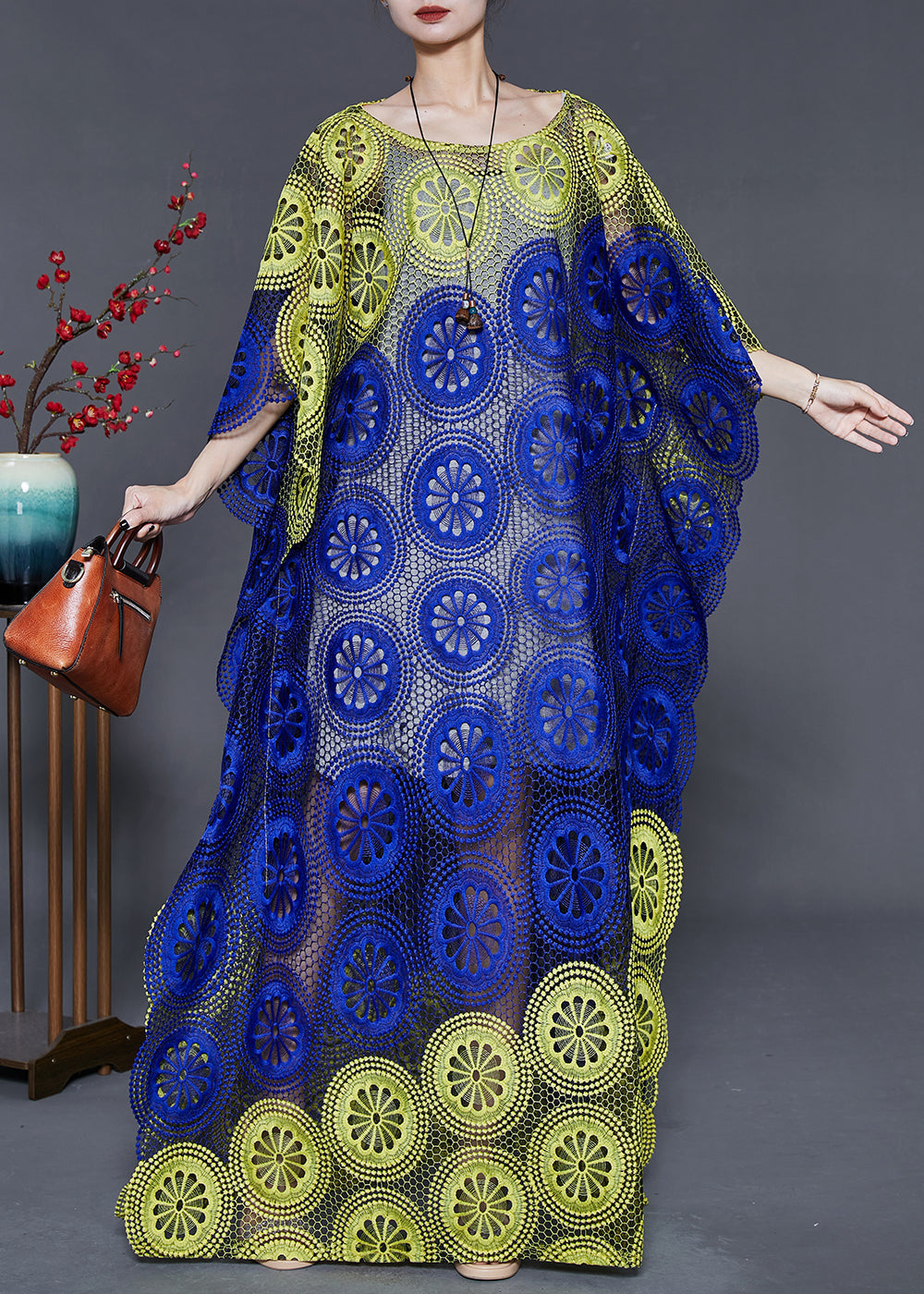 Blue Green Oversized Hollow Out Lace Dress Summer