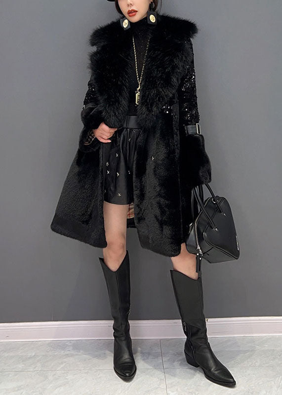 Black Fur Collar Sequins Patchwork Pockets Leather and Fur Coats Winter