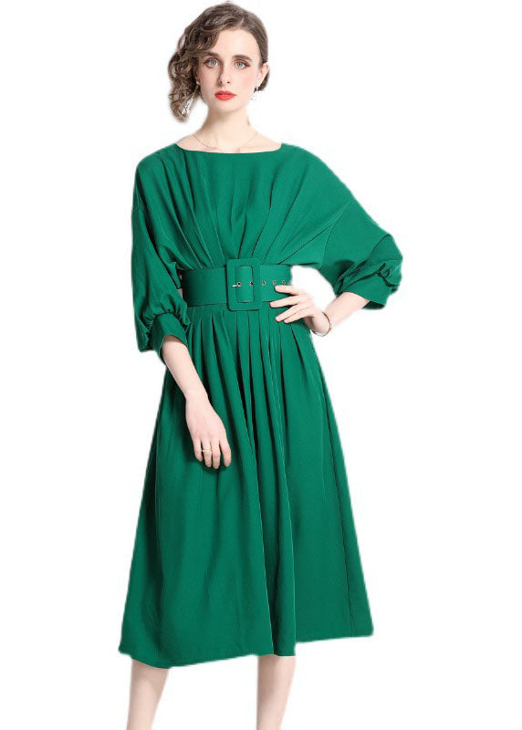 Boutique Green Color Sashes Chiffon Pleated Dress Batwing Sleeve