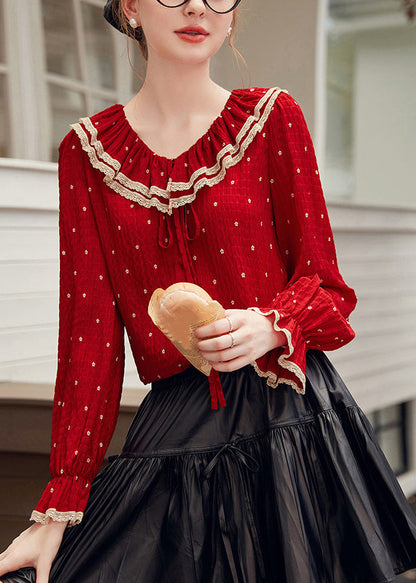 Red V Neck Dot Patchwork Tie Lace Shirt Fall