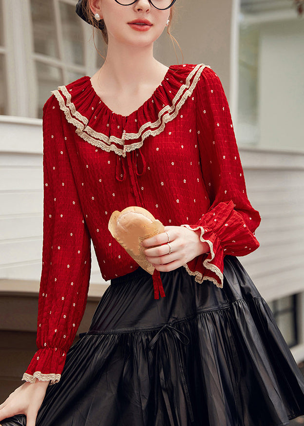 Red V Neck Dot Patchwork Tie Lace Shirt Fall