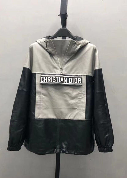 Black Grey Hooded Patchwork Drawstring Leather Pullover Coats Long Sleeve