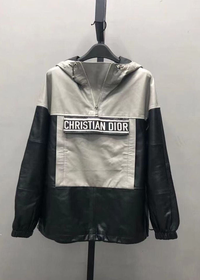 Black Grey Hooded Patchwork Drawstring Leather Pullover Coats Long Sleeve