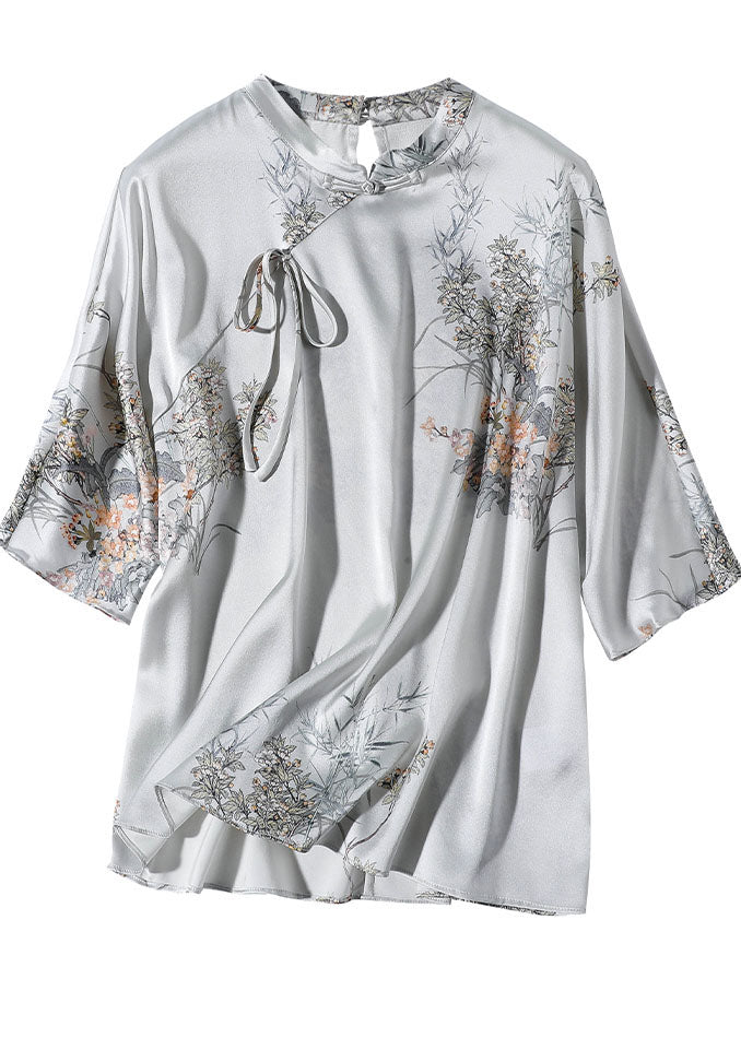 Silk Stand Collar Oriental Satin Shirt Top Half Sleeve Blouse