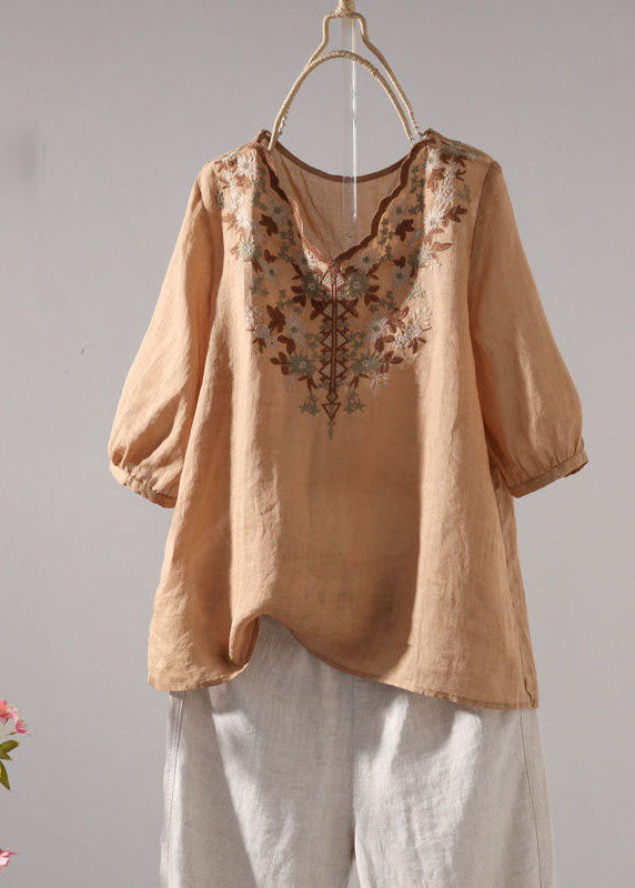 Khaki V Neck Embroideried Patchwork Linen T Shirt Summer