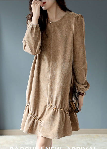 Khaki Wrinkled Nail Bead Velour Mid Dresses Spring