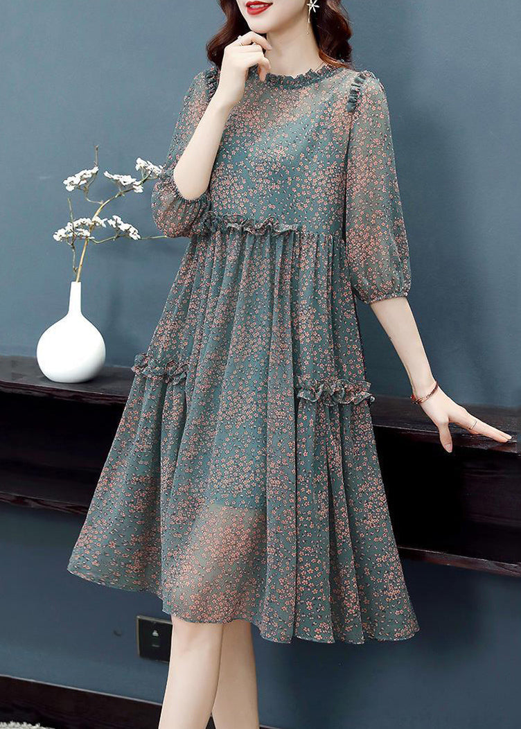 Green Stand Collar Ruffled Print Draping Chiffon Dress Bracelet Sleeve