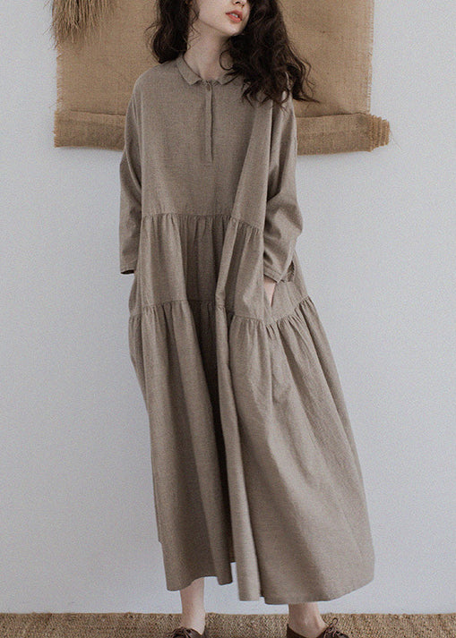 Khaki Pockets Wrinkled Patchwork Linen Dresses Fall