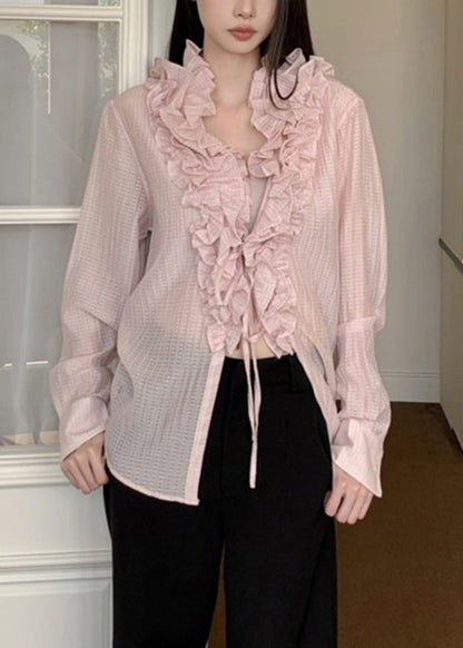 Pink V Neck Patchwork Shirt Fall