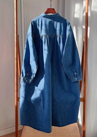 Blue Button Pockets Denim Long Dresses Fall