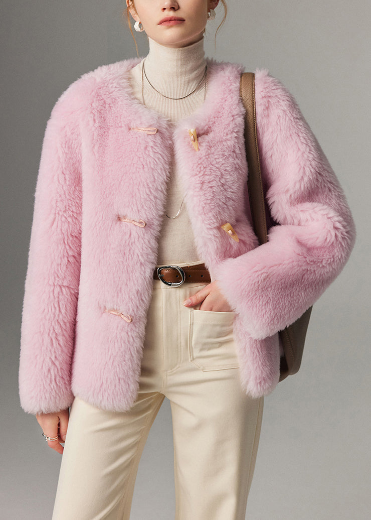 Pink O Neck Button Woolen Coats Winter