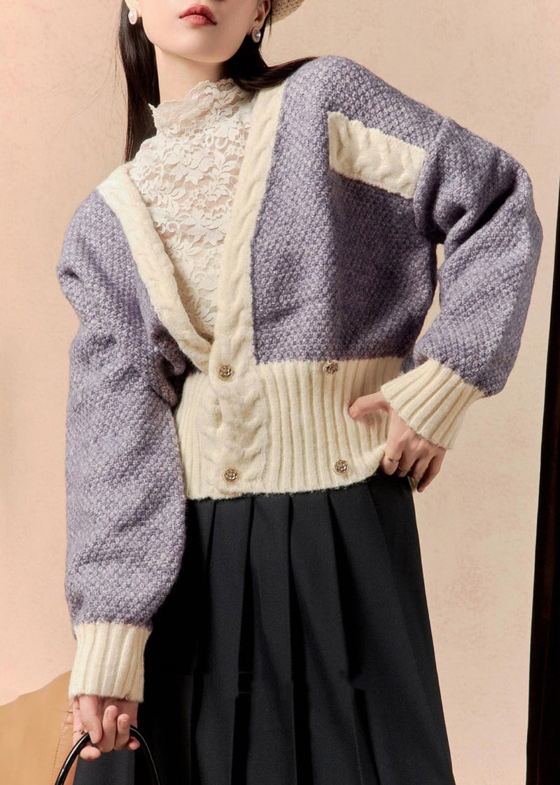 Purple V Neck Button Patchwork Knit Cardigan Winter