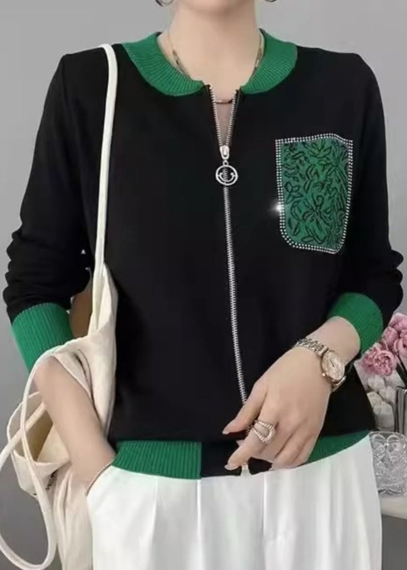 Black Print Zircon Zip Up Patchwork Knit Coat Fall