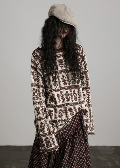 Coffee O Neck Jacquard Knit Sweater Winter