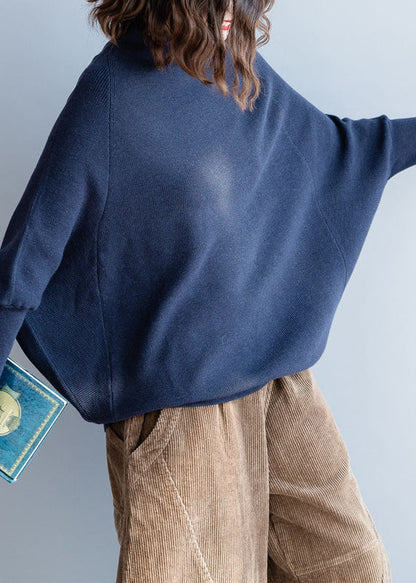 Navy Stand Collar Chunky Oversized Knit Sweaters Batwing Sleeve