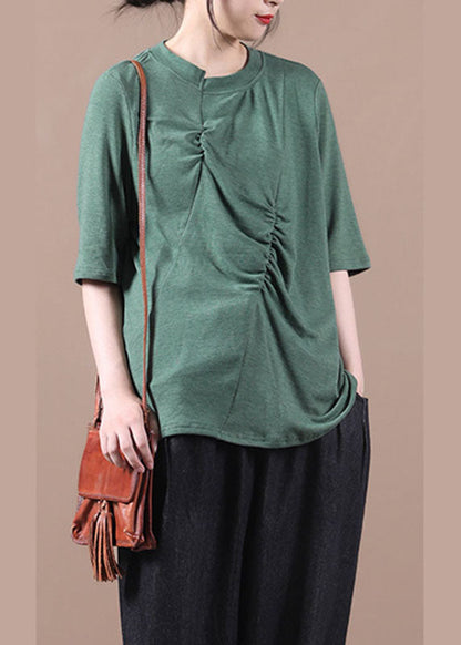 Green Wrinkled Knit Blouses Half Sleeve