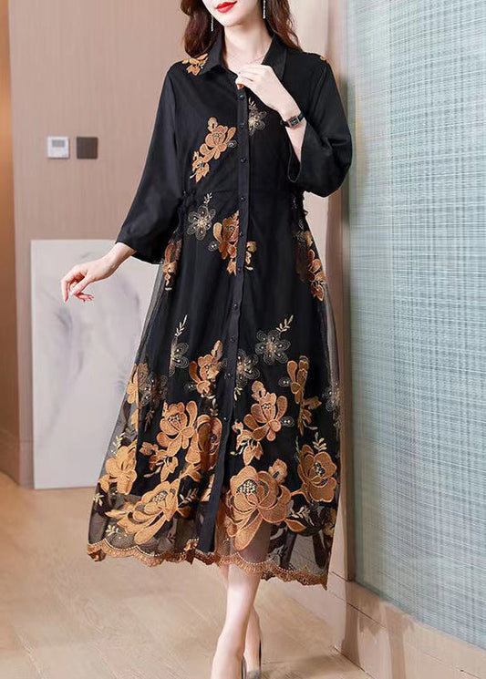 Handmade Black Peter Pan Collar Embroideried Patchwork Dress Fall