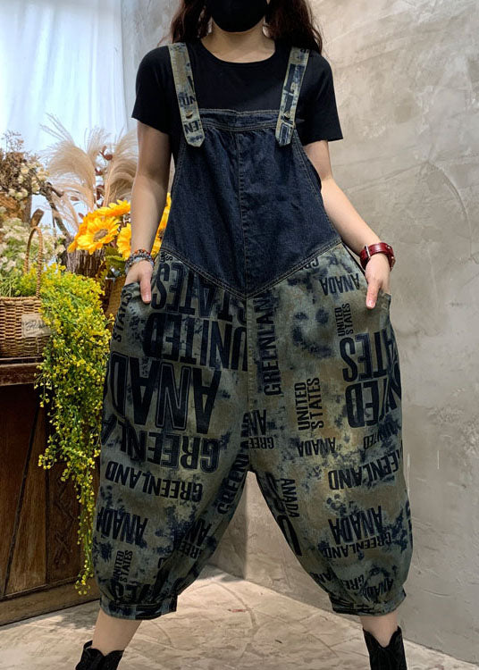 Blue Fine Graphic Denim Overalls Jumpsuit Spring