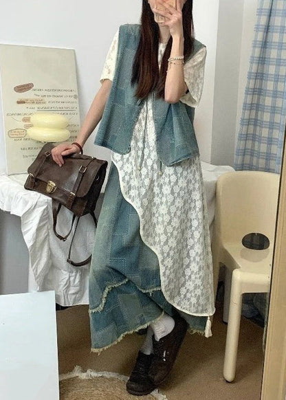 Blue Asymmetrical Lace Up Denim Three Piece Set Summer