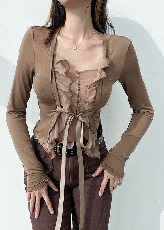 Slim Fit Khaki Tie Waist Ruffled Patchwork Top Long Sleeve