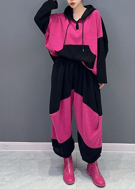 Pink Drawstring Patchwork Velour Hooded Top and Pants Two Pieces Set Fall