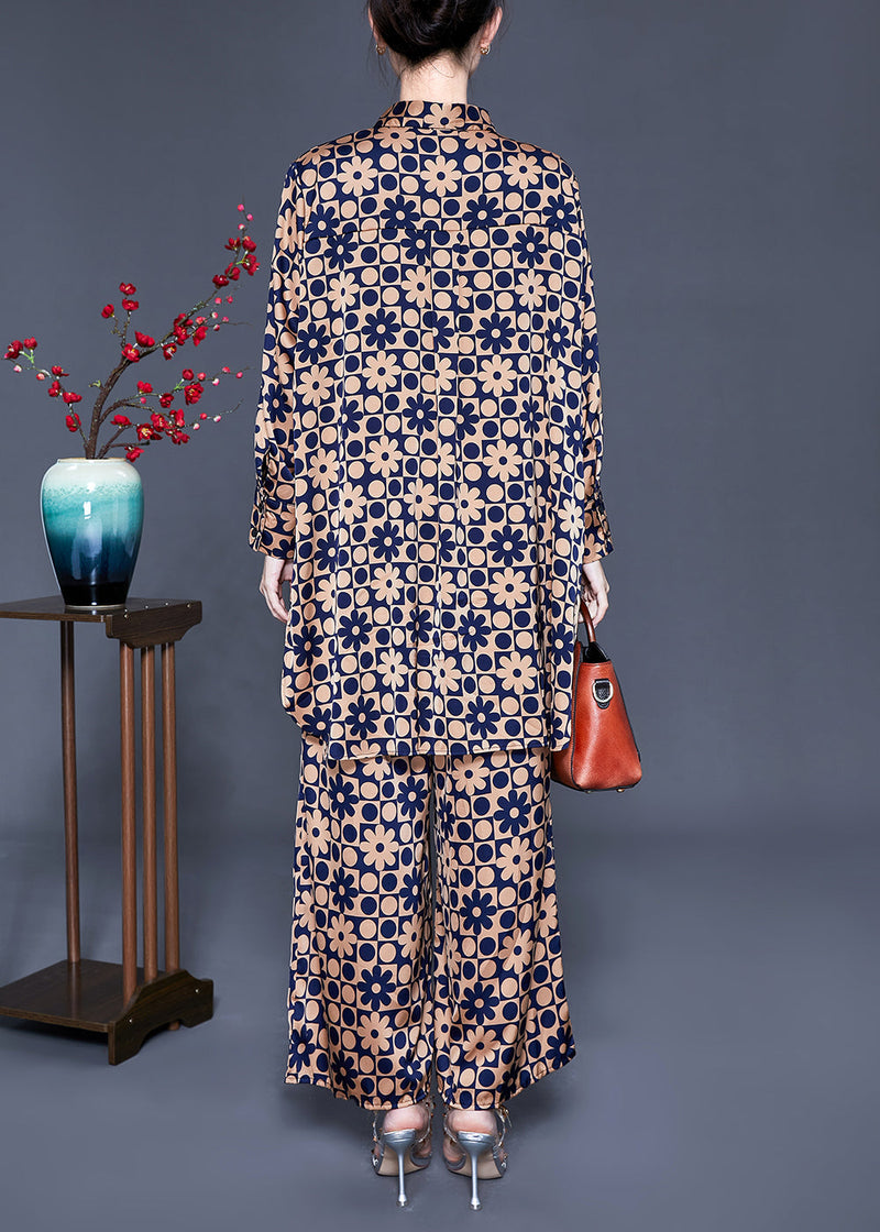 Khaki Stand Collar Print Silk Tops and Pants Two Pieces Set Summer