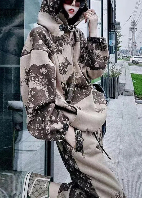 Khaki Hooded Print Warm Fleece Two Pieces Set Winter