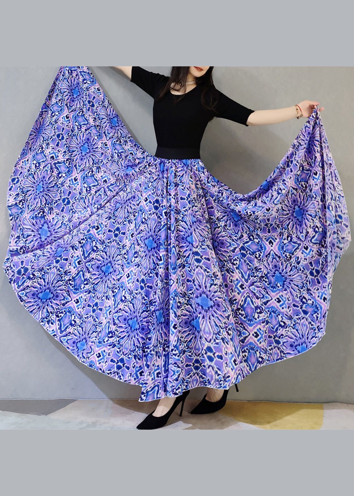 Purple Wrinkled Print Exra Large Hem Loose Cotton Skirts Spring