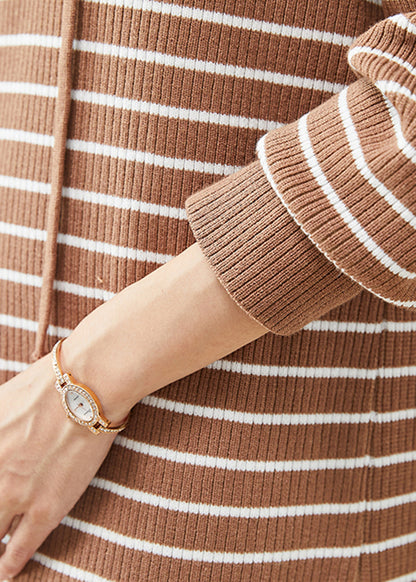 Khaki Hooded Striped Knit Sweatshirts Dress Winter