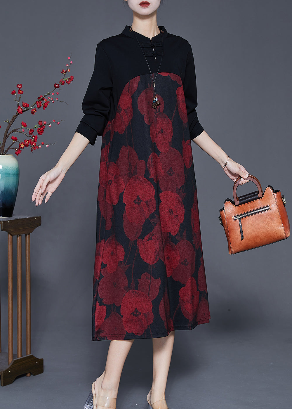Red Mandarin Collar Print Cotton Holiday Dress Spring