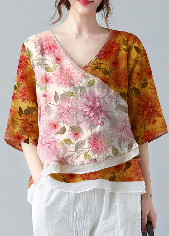 French White Bamboo V Neck Asymmetrical Design Shirt Spring