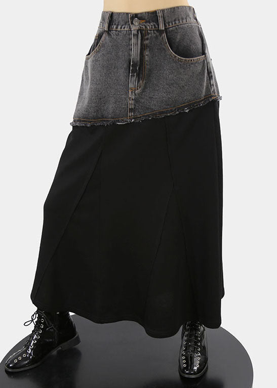 Black Elastic Waist Pockets a Line Skirts Spring