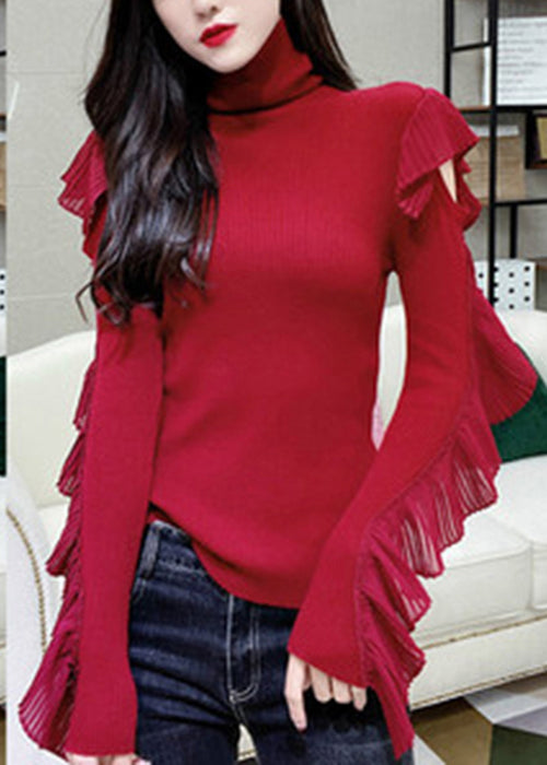 Red Turtleneck Ruffled Patchwork Knit Tops Long Sleeve