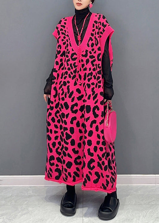 Rose Leopard V Neck Cotton Knit Waistcoat Long Dresses Sleeveless