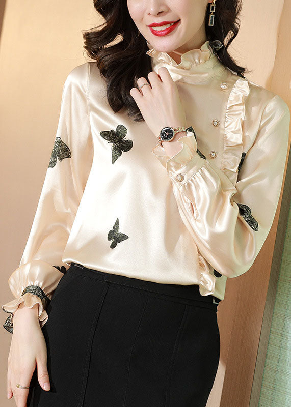 Classy Apricot Stand Collar Button Ruffled Print Silk Top Spring