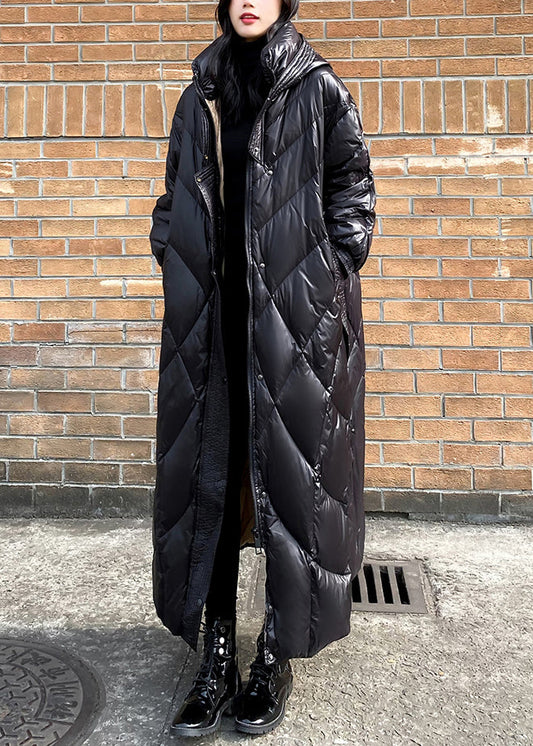 Handmade Black Hooded Lengthen Duck Down Jackets Winter