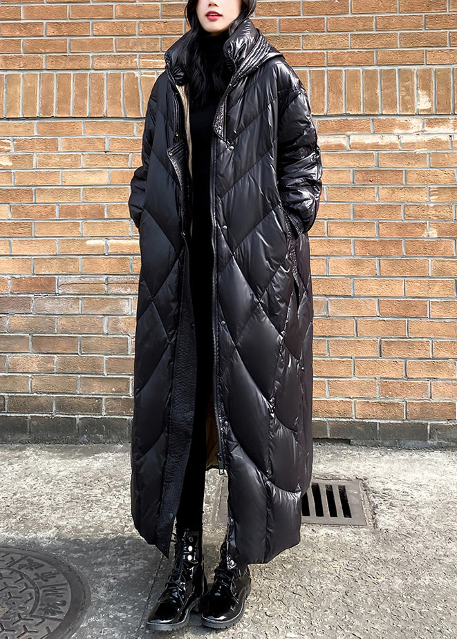 Handmade Black Hooded Lengthen Duck Down Jackets Winter