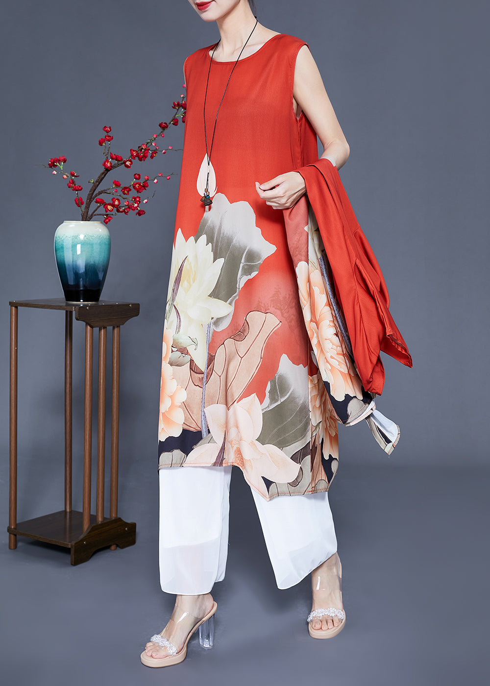 Orange Stand Collar Print Side Open Silk Sets 2 Pieces Half Sleeve