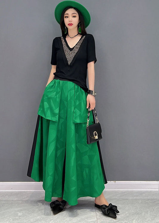Green V Neck Patchwork Big Pockets Cotton Two Piece Suit Set Summer