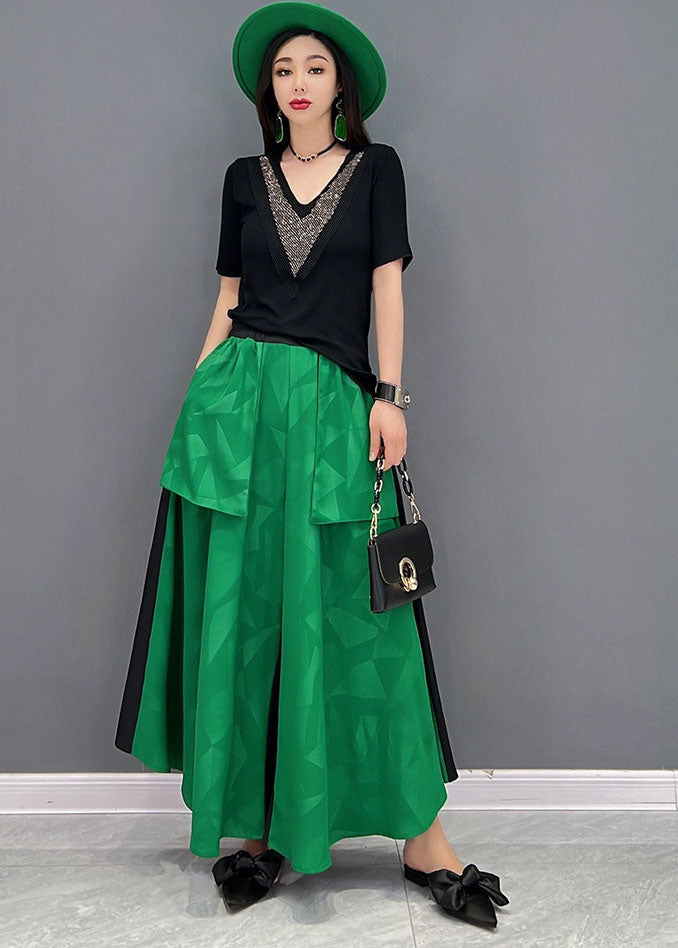 Green V Neck Patchwork Big Pockets Cotton Two Piece Suit Set Summer