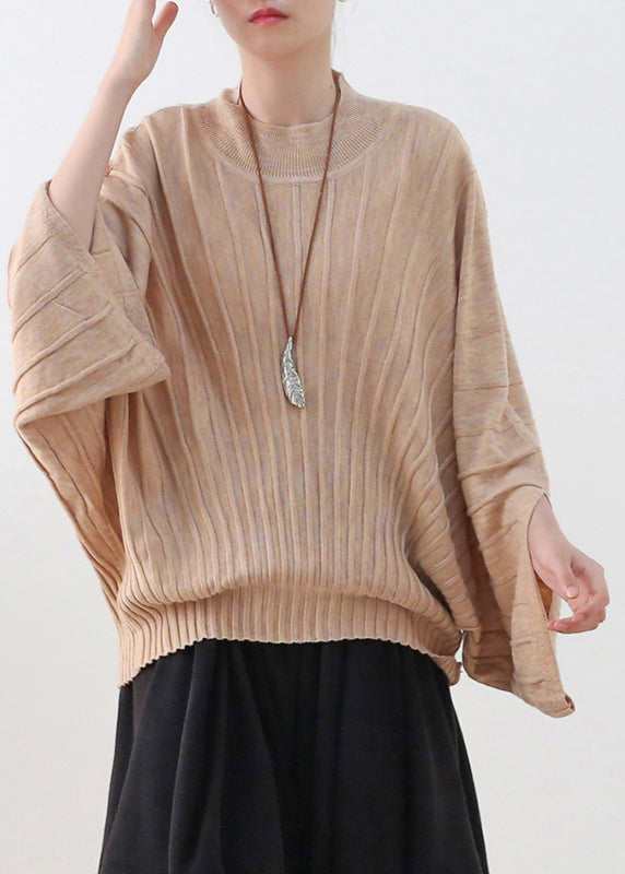 Loose Apricot O-neck Woolen Knit Sweater Batwing Sleeve
