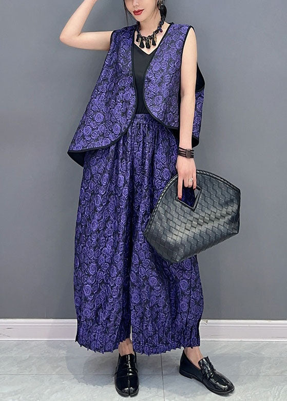 Purple Sleeveless Vest Tops and Pants Cotton Two Piece Set Clothing
