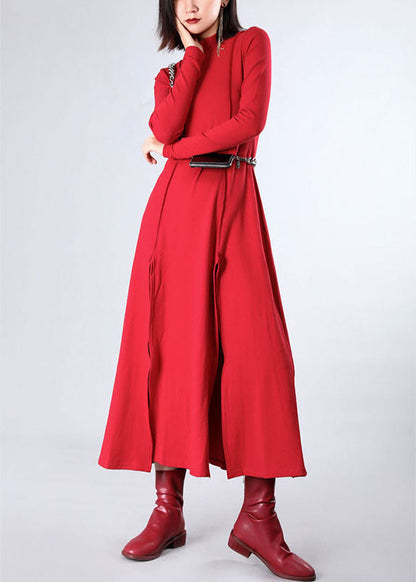 Italian Red Stand Patchwork Asymmetrical Design Fall Dresses Long Sleeve
