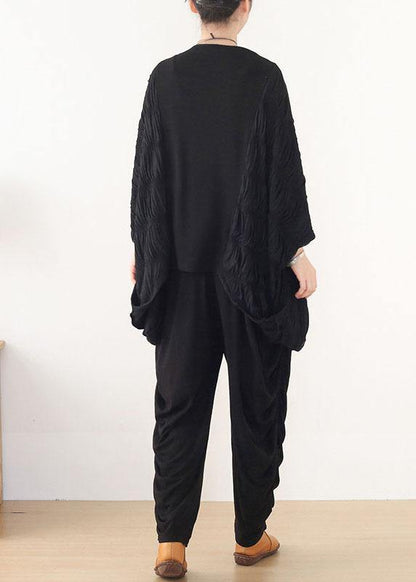 Simple Black Patchwork Wrinkled Batwing Sleeve Fall Shirt Tops