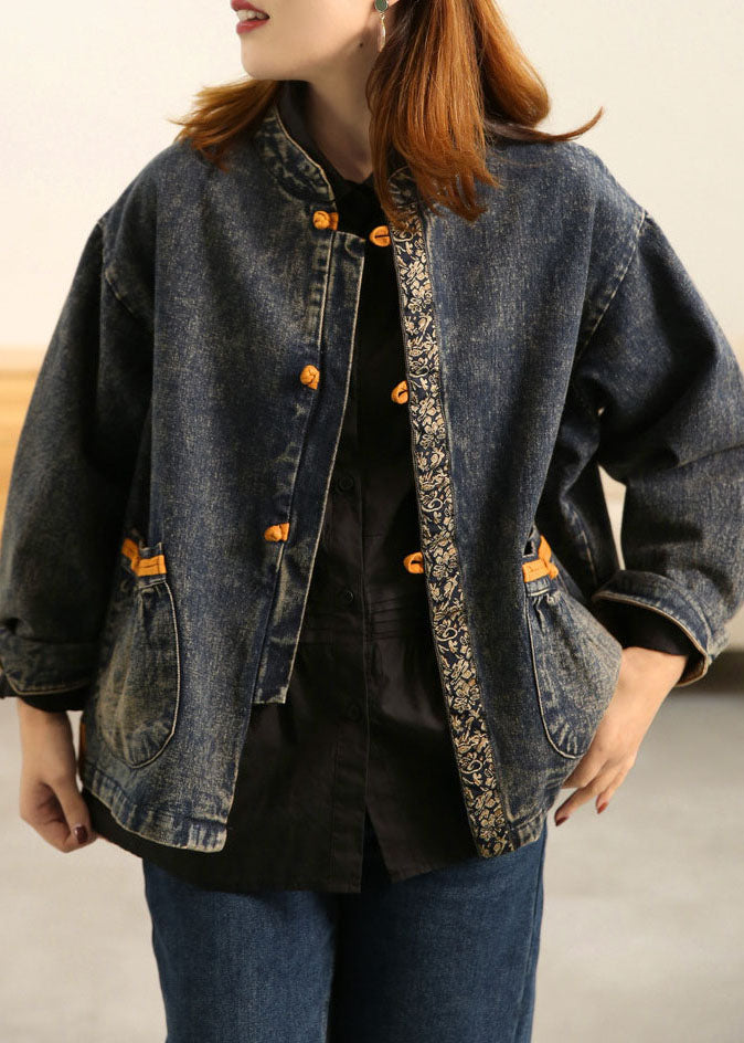 Blue Stand Collar Oriental Button Pockets Patchwork Cotton Denim Coat Outwear Long Sleeve