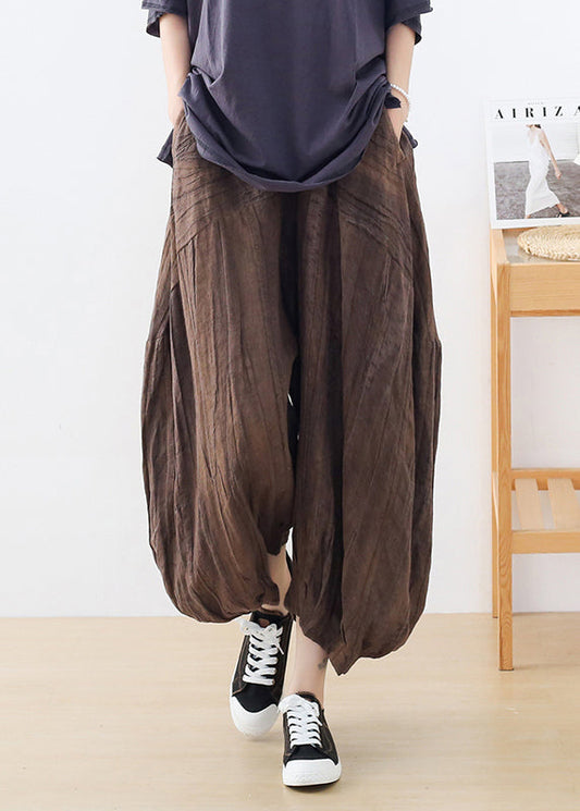 Coffee Tie Dye Wrinkled Linen Lantern Pants Fall