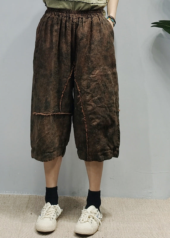 Retro Mulberry Elastic Waist Pockets Patchwork Linen Three Quarter Pants Spring