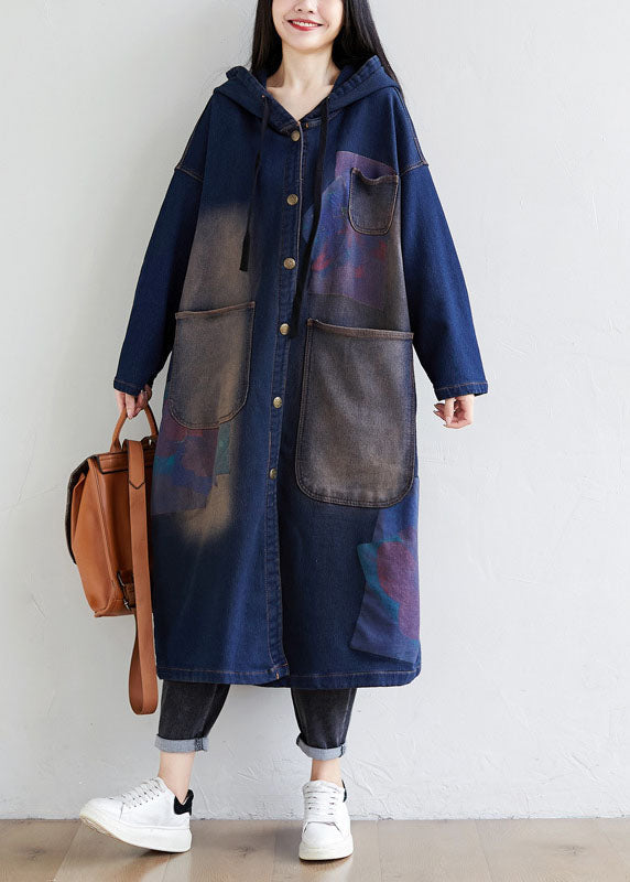 Simple Dark Blue Drawstring Hooded Pockets Print Denim Trench Coats Spring