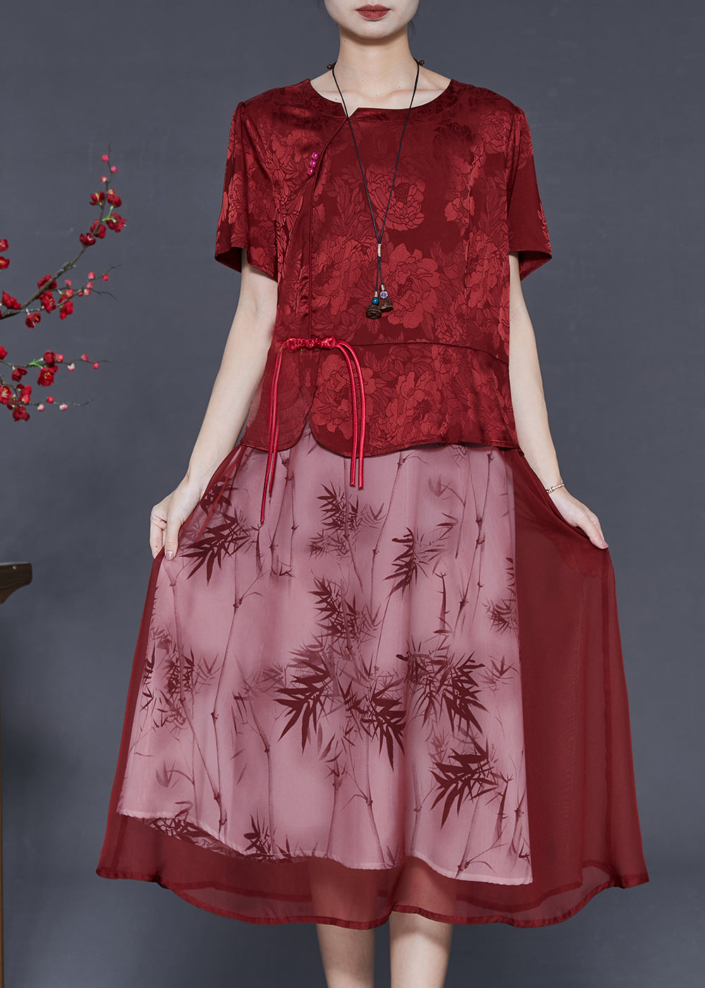 Red Tasseled Patchwork Jacquard Silk Dress Summer