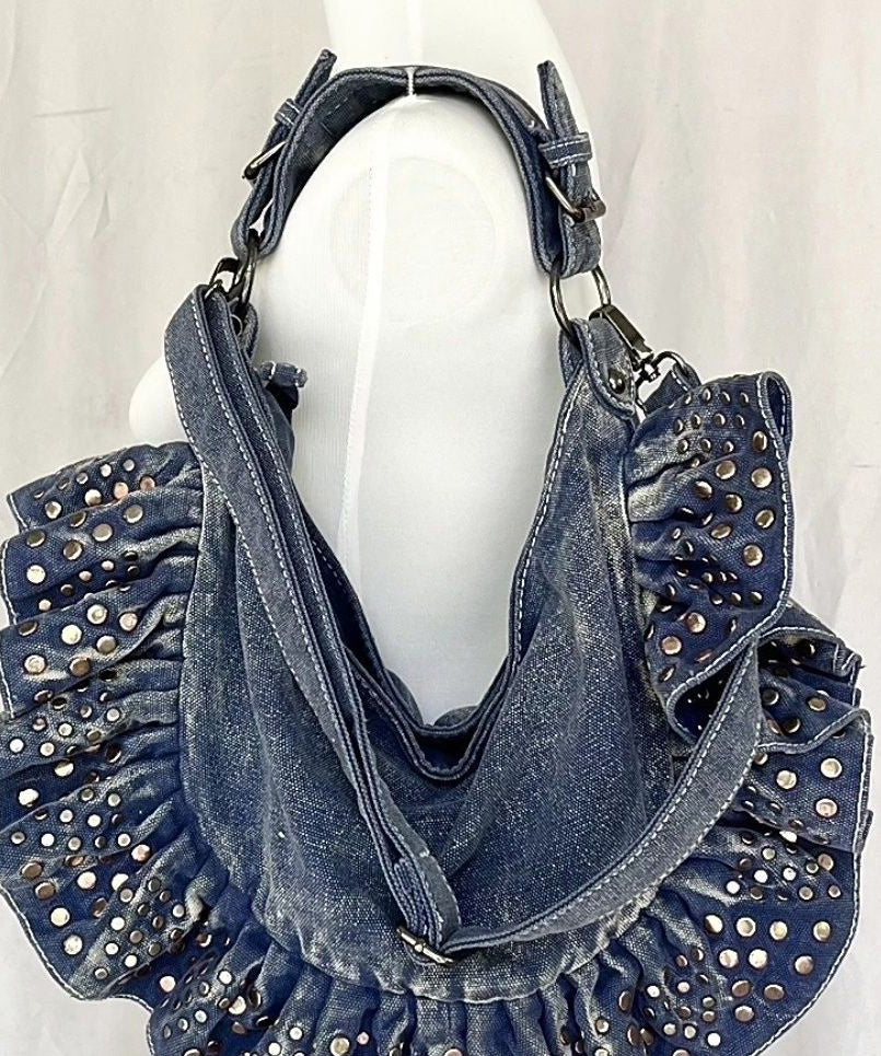 European and American Large Capacity Ruffled Rivet Denim Shoulder Bag